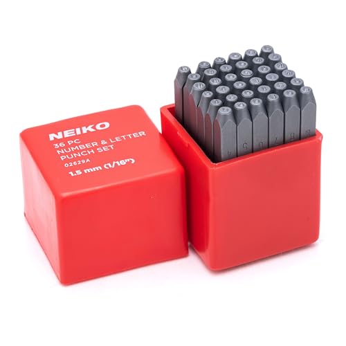 NEIKO 02629A Number and Letter Punch Set with Heat-Treated Steel Punches, Imprinting & Arts and Crafts, 1/16" (1.5MM) Shaft, 36 Pc Stamp Set, Uppercase Letter & Number Punch Set (A-Z / 0-8 / "&") - size: 1.5mm - 1/16"