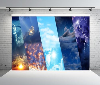 12x10ft Fabric Weather Station Backdrop Sunny Cloudy Rainy Thunderstorm Background Meteorological News Themed Party Decorations Birthday Shoot Adult Portrait Photoshoot Booth Props Wallpaper - size: 12x10FT