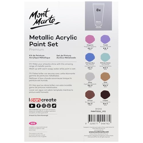Mont Marte Premium Metallic Acrylic Paint Set, 8 x 1.02oz (36ml) Tubes, 8 Colors, Suitable for Most Surfaces Including Canvas, Card, Paper and Wood - size: 1.22 Fl Oz (Pack of 1)