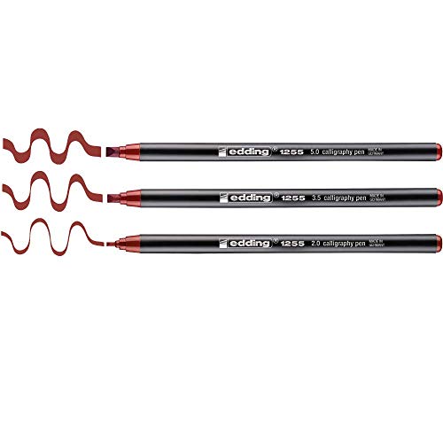 edding 1255 calligraphy pen - crimson lake - 3 pens - calligraphy nib 2-5 mm - fibre pens for paper, wood, terracotta, canvas - hand lettering, bullet journals, thank you cards, calligraphy books - color: crimson lake