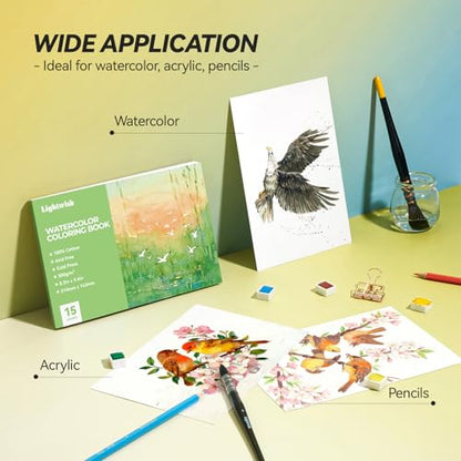 Lightwish Watercolor Coloring Book for Adults & Beginners,100% Cotton 300gsm/140lb Acid-Free Cold Press Paper, 8.3 x 5.6 Inches,15 Sheets,Bird-Themed - color: Bird-Themed