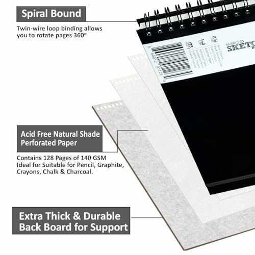 Creo Crafts 9" x 12" SketchO Sketchbook_Top Spiral Wire-O Bound_128 Pages (64 Sheets) 140gsm | Landscape Hardcover, Acid-Free Natural Shade Paper for Artists, Students & Travel Sketching - size: A4