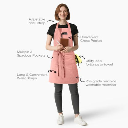 Unisex Apron with Pockets for Cooking, Salon & Art - 100% Cotton Adult Kitchen, Chef, Stylist Apron (Pink) - color: Pink
