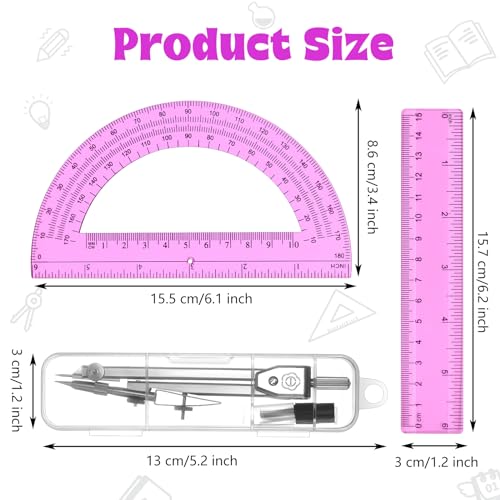 Zonon 3 Pcs 6" Clear Plastic Ruler 6 Inch Protractor Compass Set, Pink - color: Pink, size: 6 Inch