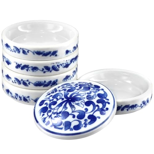 QWORK 5-Layer Ceramic Mixing Trays Set, Round Porcelain Watercolor Palettes and Sauce Dishes with Blue Patterns, Ideal for Art Lovers and Jewelry Storage