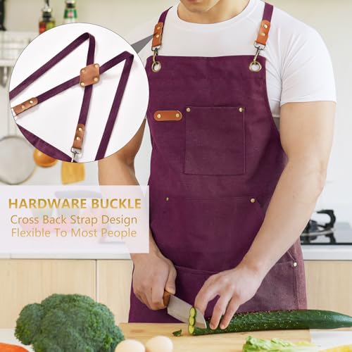Aoomzoon Canvas Aprons for Men Chef Apron, Work Apron with Large Pockets - 16oz Heavy Duty Cross Back, BBQ, Cooking - color: Red