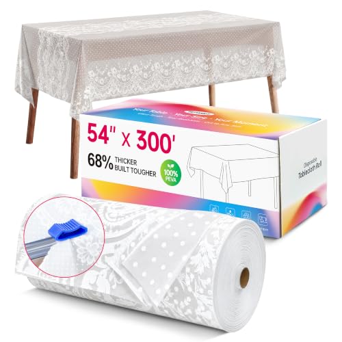 Disposable Tablecloth Roll,54 x 300Ft Lace Plastic Table Cloth | Plastic Table Cover Roll, Easy Cut Setup, Waterproof plastic table covers For Tea Table,Dessert Bar,Wedding,School（Lace Dots） - color: Lacedots, size: 54" x 3600" (Rectangular)