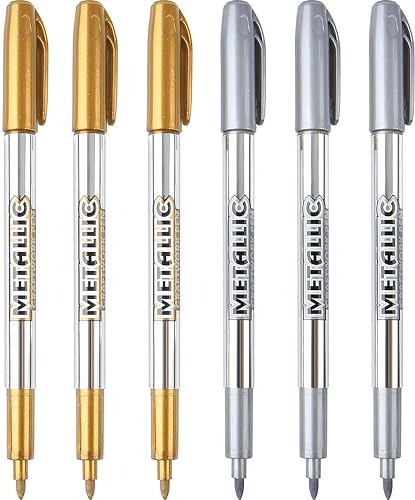 MyLifeUNIT Metallic Marker Pens, 6-Pack Metallic Gold Silver Permanent Markers, Fine Point (3 Gold 3 Silver)
