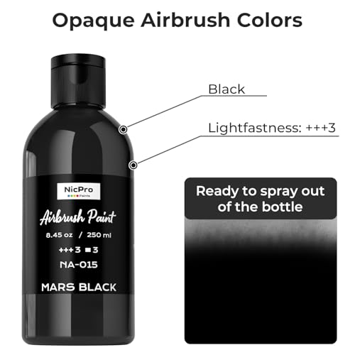 Nicpro Black Large Airbrush Paint 8.45oz, Ready to Spray Opaque Water-Based | Acrylic Air Brush Paints for Model, Wood, Canvas, Metal, Plastic, Leather, for Beginners & Artists - color: Black