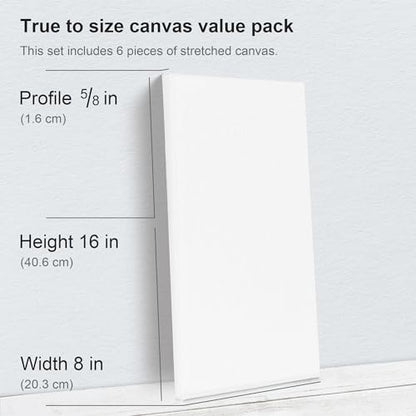 PHOENIX Long Stretched Canvas for Painting 8x16 Inch/6 Value Pack, 8 Oz Triple Primed 5/8 Inch Profile 100% Cotton White Blank Canvas, Rectangular Framed Canvas for Oil Acrylic & Pouring Art - size: 8"x16", style: Studio Set (8 Oz.)