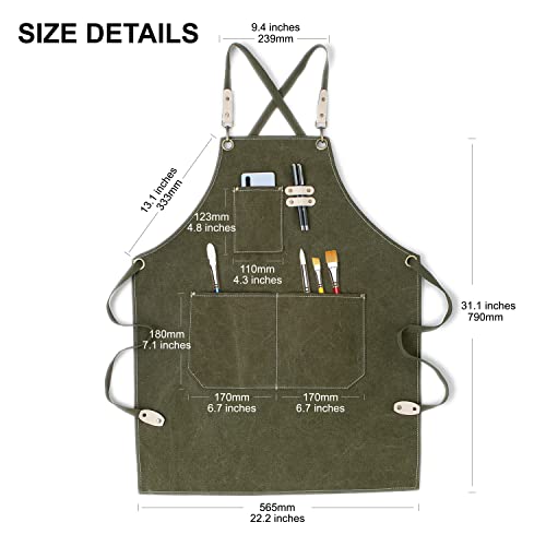 Hongsome Cotton Canvas Cross Back Apron for Art Painting Garden Chef Bartender Work,Women Men 3 Pockets Waterproof M-XXL - color: Green