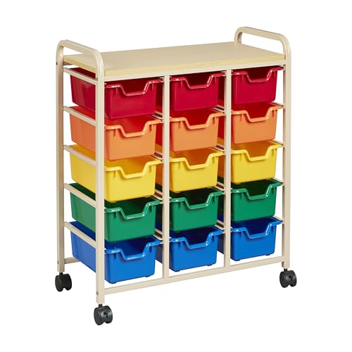ECR4Kids 15-Bin Mobile Organizer with Shelf, Removable Bins, Sand/Assorted | Durable plastic bins, steel frame, GREENGUARD Gold Certified, 75 lb capacity, rolling casters, craft supplies, classroom/home