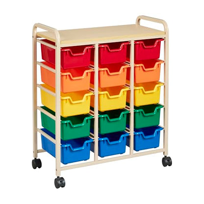 ECR4Kids 15-Bin Mobile Organizer with Shelf, Removable Bins, Sand/Assorted | Durable plastic bins, steel frame, GREENGUARD Gold Certified, 75 lb capacity, rolling casters, craft supplies, classroom/home
