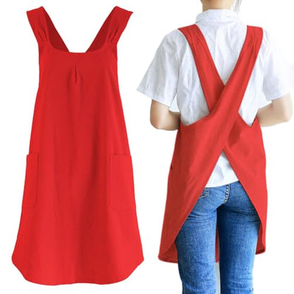 NEWGEM Japanese Cotton Linen Cross Back Cooking Apron for Women Men with Pockets Cute for Baking Kitchen - color: 12 - Women's Bright Red