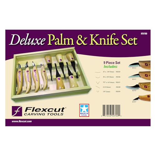 Flexcut Wood Carving Tools | Deluxe Palm & Knife Set | Includes 4 Carving Knives and 4 Palm Tools | 1095 High Carbon Steel Blades | Ash Hardwood Handles | KN700 | Made in the U.S.A. - style: Deluxe Palm & Knife Set