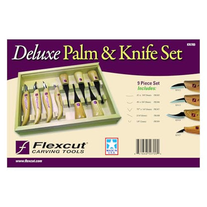 Flexcut Wood Carving Tools | Deluxe Palm & Knife Set | Includes 4 Carving Knives and 4 Palm Tools | 1095 High Carbon Steel Blades | Ash Hardwood Handles | KN700 | Made in the U.S.A. - style: Deluxe Palm & Knife Set