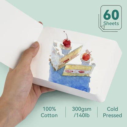 LIGHTWISH Mini Watercolor Sketchbook 60 Sheets 100% Cotton 3.5X 5.1 inch Cold Press 300gsm/140lb,Mini Travel Small Watercolor Book Square Painting Notebook Tearable Art Paper Sketchbook - size: 3.5*5.1in