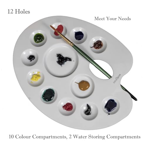 Zahepa Oval Paint Tray Palette with Thumb Hole, 12 Compartments, Watercolor | Durable Lightweight Plastic Art Supplies For Acrylic, Oil, And Mixing Paints, Reusable And Stackable For School Or Studio Use - style: Oval - 12 Compartments