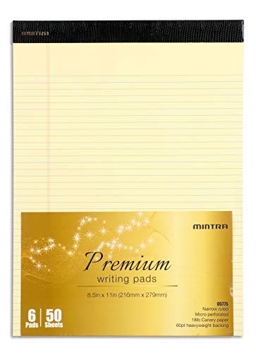 Mintra Office Canary Legal Pads - Premium Quality Heavyweight Paper With Micro-perforated sheets, Smooth-lined paper, Ideal for Office Tasks, Assignments or Notes, Meetings, and Journaling, 6 pack, Yellow Paper, Narrow Ruled, Premium Writing Pad, 8.5"x11"