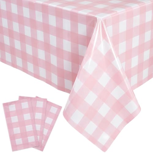 Oigco Pink Gingham Tablecloth - 3 Pack 54" × 108" Rectangle Disposable Pink and White Checkered Tablecloth, Picnic Table Cover for Party, Wedding, Birthday - color: Pink Gingham
