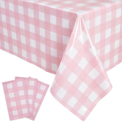 Oigco Pink Gingham Tablecloth - 3 Pack 54" × 108" Rectangle Disposable Pink and White Checkered Tablecloth, Picnic Table Cover for Party, Wedding, Birthday - color: Pink Gingham