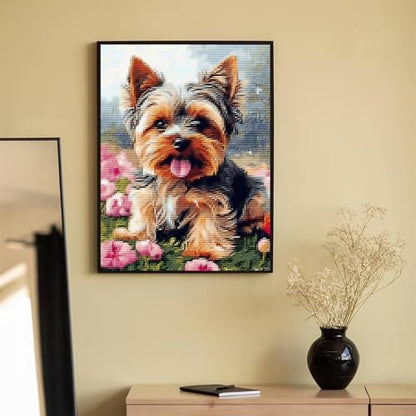 MIJVFNB Yorkshire Terrier Dog and Flowers 11CT Counted Cross Stitch Kits Color Printed Stamped Cross-Stitch Supplies Needlework Printed Embroidery Kits DIY Kits Needlepoint Starter Kits, 12x16 inch