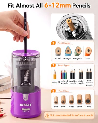 AFMAT Electric Pencil Sharpener, Plug-in Pencil Sharpener for 6-12mm Pencil - color: Purple