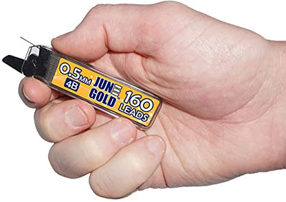 June Gold 0.5 mm, 640 Lead Refills, 4B, 4 Dispensers/w 160 Pieces Each | Fine Thickness, Break Resistant Graphite, Elegant Dispensing Mechanism - color: 4b Graphite, style: 0.5 mm