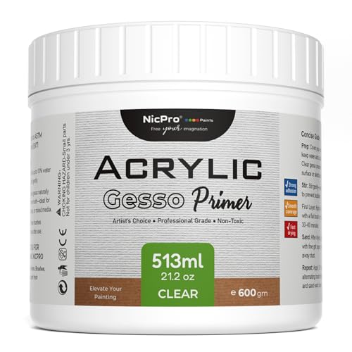 Nicpro Clear Gesso Primer for Acrylic Painting(21.2Oz/627ML), Gesso Surface | Prep Medium for Acrylic Paint, Oil Paint, Pencil & Pastel, Mixable Clear Gesso Primer for Canvas, Wood, Paper, Plastic - color: Clear, size: 21.2 Ounce (Pack of 1)