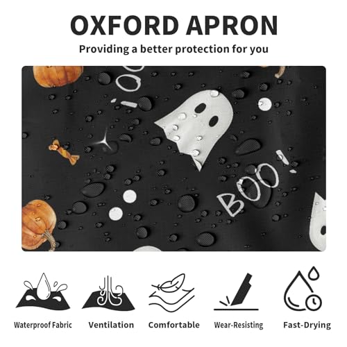 Halloween Kitchen Apron with Pockets Orange Pumpkin Cute White Ghost Chef Aprons Spooky Boo Holiday Waterproof Adjustable Aprons for Women Men Cooking - color: Ghost Pumpkin