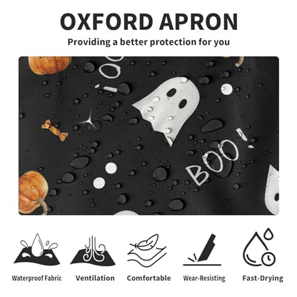 Halloween Kitchen Apron with Pockets Orange Pumpkin Cute White Ghost Chef Aprons Spooky Boo Holiday Waterproof Adjustable Aprons for Women Men Cooking - color: Ghost Pumpkin