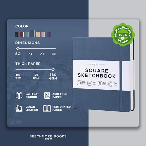 Beechmore Books 8x8 Square Mixed Media Sketchbook 160 GSM/98lb, Gift Box | Vegan Leather Hardcover Art Journal with Lay-Flat Binding, Perforated Ivory Pages for Drawing & Doodling - color: Symphony Blue, size: Square - 8" x 8"