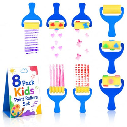 STOBOK Kids Paint Rollers Set, 8Pcs Sponge Painting Brushes with Large and Pattern Rollers for Finger Painting, Art Craft, Classroom Projects and Home DIY Crafts