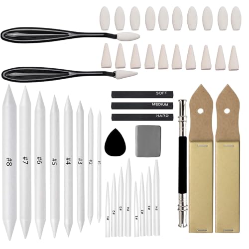 46 PCS Blending Stumps and Tortillions with Charcoal Stick | Sandpaper Pencil Sharpener Pointer, Compressed Charcoal Sticks, For Student Artist Sketch Drawing Shading - size: 46 Pcs Set