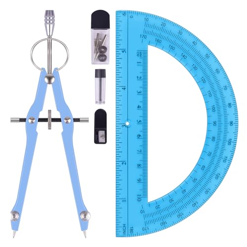 Unjoo Compass and Protractor Set, Math Compass for Geometry (Blue) | Professional Drawing Compass Tool, Metal Compass with Extra Refills, 6 Inch Math Protractors 180 Degree, For School, Office - color: Blue
