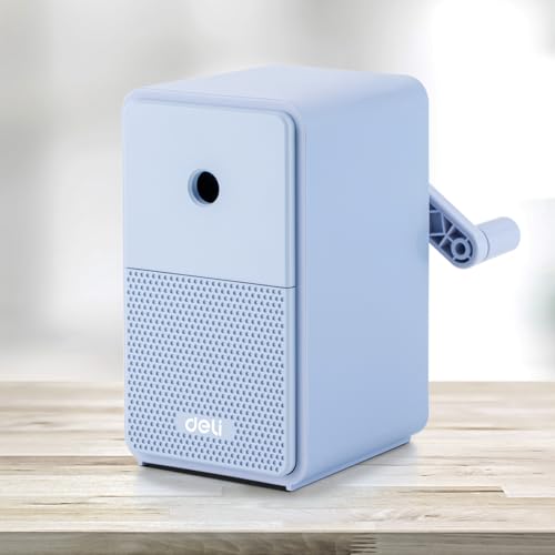 Deli Manual Pencil Sharpener, Blue | Auto-in Hand Crank Pencil Sharpener with Adjustable Point for Colored Pencils, Students, Kids, Classroom, Home, Office - color: E-blue