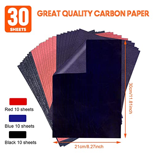 PSLER Carbon Paper for Tracing - 30pcs Graphite Transfer Paper, A4 | Use with Tracing Paper, Carbon Copy Paper for Drawing Patterns on Wood, Canvas, Fabric, Artist Lettering & Sketching - color: black&red&blue