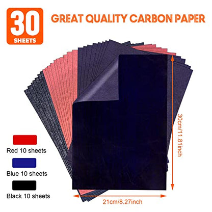 PSLER Carbon Paper for Tracing - 30pcs Graphite Transfer Paper, A4 | Use with Tracing Paper, Carbon Copy Paper for Drawing Patterns on Wood, Canvas, Fabric, Artist Lettering & Sketching - color: black&red&blue
