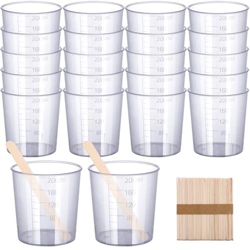 Resin Mixing Cups and Sticks, 70 Packs Epoxy Measuring Cups Kit - 20PCS 200ml Disposable Graduated Cups, 50PCS Wooden Stir Sticks for Mixing Paint, Stain, Epoxy, Resin - color: Clear cups+wooden stick, size: 200ml