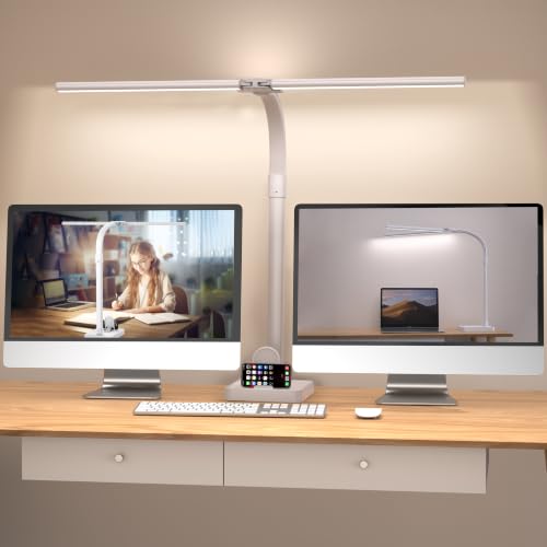 Double Head LED Desk Lamp, Architect Desk Lamps for Home Office, 24W Brightest Workbench Office Lighting-5 Color Modes and 5 Dimmable Eye Protection Modern Desk Lamp (White-Desktop, Big) - color: White-Desktop