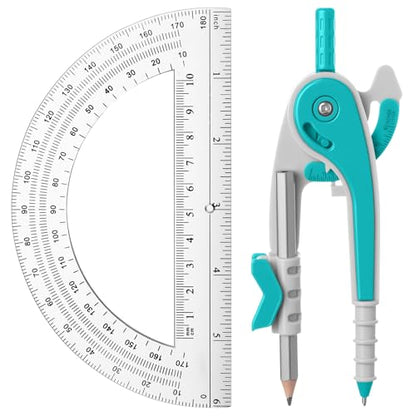 EBOOT Student Geometry Math Set, Drawing Compass and 6 Inch Clear Swing Arm Protractors 180 Degree Math Protractor(Turquoise) - color: Turquoise
