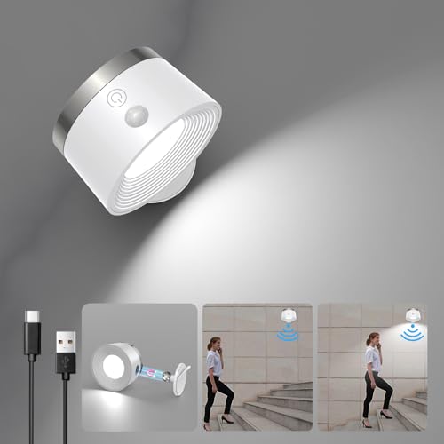 Motion Sensor Wall Light Indoor, 3500mAh Rechargeable Battery Operated LED Wall Light, Wall Lamp Wireless with 360 ° Rotation, 3 Color Temperatures for Bedroom, Study, Corridor, Picture - color: White, size: 1 PC