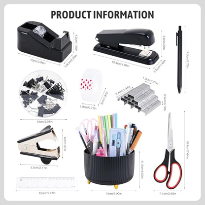 Gawsey Black Desk Organizers and Accessories with Desk Organizer 360° Rotating Pen Holder and Office Supplies, Cute Stationery Supplies Set - color: A Black