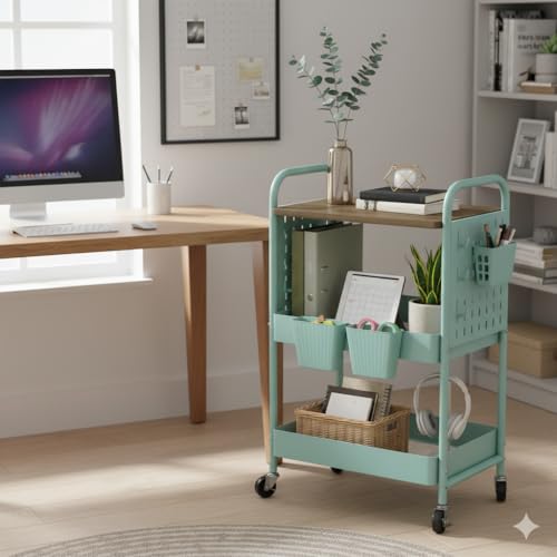 3 Tier Rolling Cart, Metal Storage Cart with Wooden Tabletop, Storage Cart with DIY Pegboards & Locked Wheels, Hooks & Hanging Cups for Any Room - color: Green