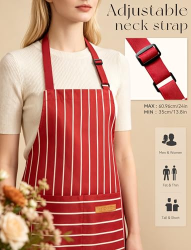2 Pack Kitchen Cooking Aprons, Soft Aprons for Women Men with 2 Pockets Chef Apron with Adjustable Neck Strap and Long Tie - color: Navy Blue/Red