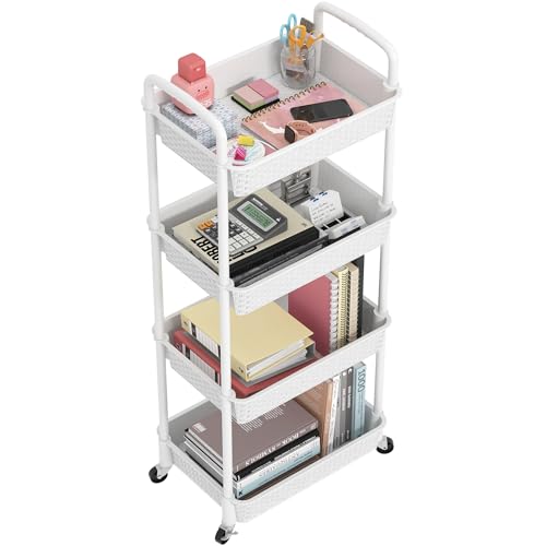MOYIPIN 4-Tier Plastic Rolling Utility Cart with Handle,White | Utility Storage Cart for Office, Living Room, Kitchen,Movable Storage Organizer，Easy installation，Rattan-like art design - color: White, size: 4-Tiers without cups