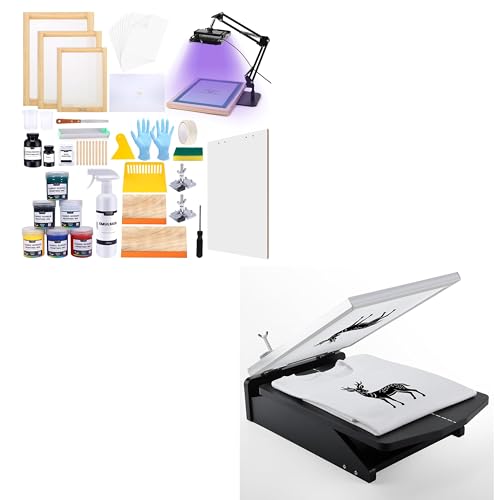 Caydo 66 PCS All-in-One Screen Printing Kit - 50W LED UV Exposure Screen Printing Light, Screen Printing Ink, Screen Printing Photo Emulsion, Instructions with 15.7x12.2inch Screen Printing Press