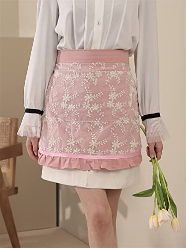 Unisex Chef Aprons White Retro Cotton Maid Short 2 Pockets Waist Waiter Waitress Half Apron - color: Pink-embroidered