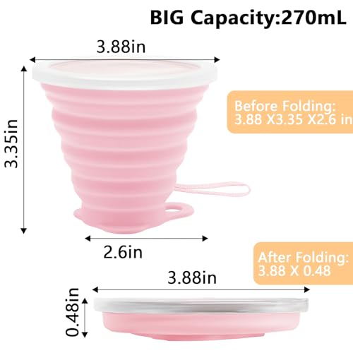 Litoexpe 2 Pack Silica gel Collapsible Travel Cup 270ml, Pink & Purple | with Lids, Portable Folding Camping Cup, for Camping and Travel - color: Pink & Purple