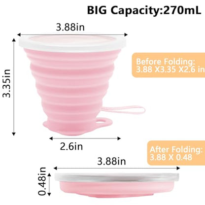 Litoexpe 2 Pack Silica gel Collapsible Travel Cup 270ml, Pink & Purple | with Lids, Portable Folding Camping Cup, for Camping and Travel - color: Pink & Purple